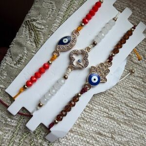 Red, Brown and White Evil Eye Beaded Bracelet Set of 3